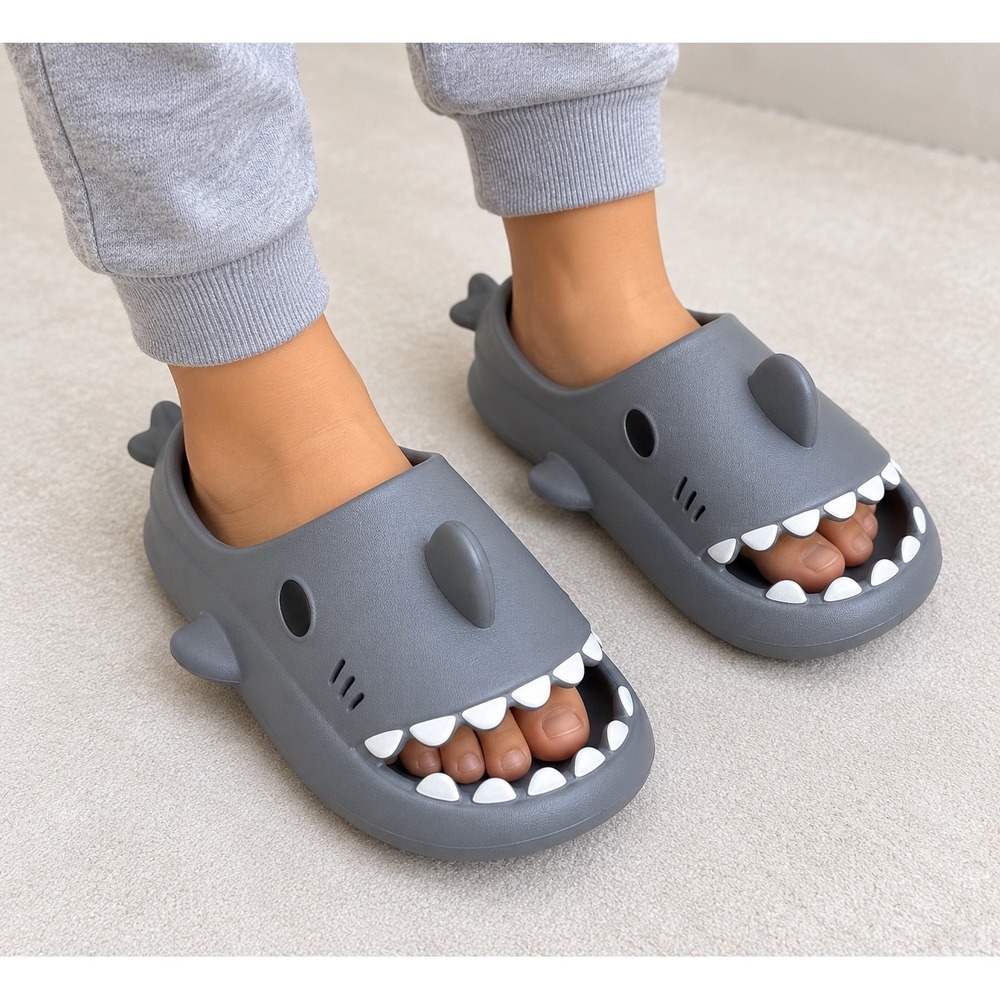 Gray Shark Slides Unisex Cloud Foam Novelty Sandals Women 7.5-8 Men 5.5-6